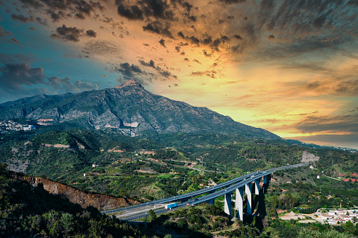 Sunset of an AP7 viaduct on the Costa del Sol