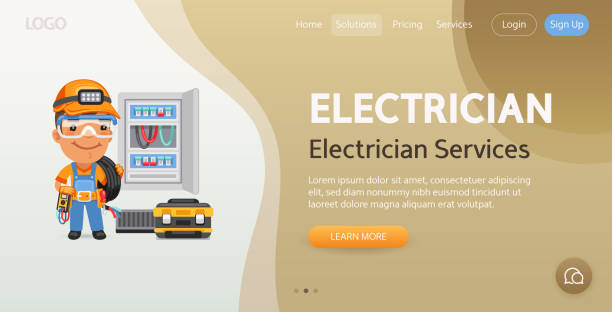 Electrician Website Template Electrician Services website template. Illustration of a cartoon electrician cable man in front of switchboard. Composition with a professional. Flat male character. electrician website template stock illustrations