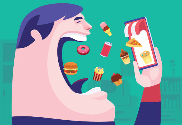 gruby człowiek jedzący śmieciowe jedzenie za pomocą smartfona - eating food biting pizza stock illustrations