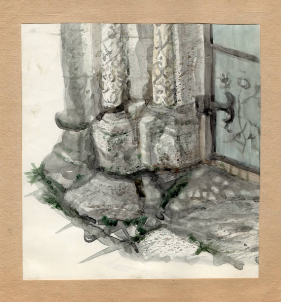 ilustrações de stock, clip art, desenhos animados e ícones de antique stone column base, floral and animalistic carving decor at the entrance to an old orthodox church in russia. watercolor painted sketch - antique old fashioned illustration and painting ancient