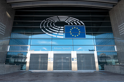 Brussels, Belgium - Nov 17, 2019: European Parliament building in Brussels. EU is a political and economic union of 27 member states.