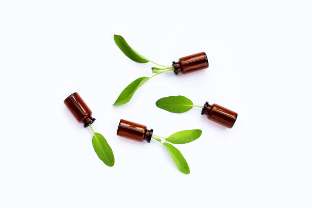 istock Sage leaves with essential oil bottles on white background. 1400052149
