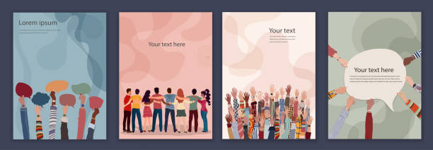 Diversity inclusion and equality concept.Group of people embraced viewed from behind. Raised hands. Hands holding speech bubble.Editable set brochure template flyer leaflet cover poster vector art illustration
