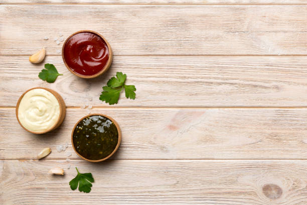 istock Many different sauces and herbs on table, flat lay top view. sauces with spices healthy concept 1400054838