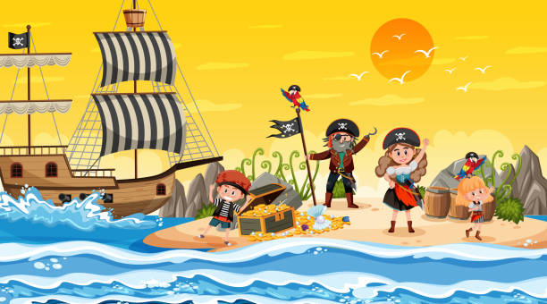 treasure island-szene bei sonnenuntergang mit piratenkindern - bark stock-grafiken, -clipart, -cartoons und -symbole