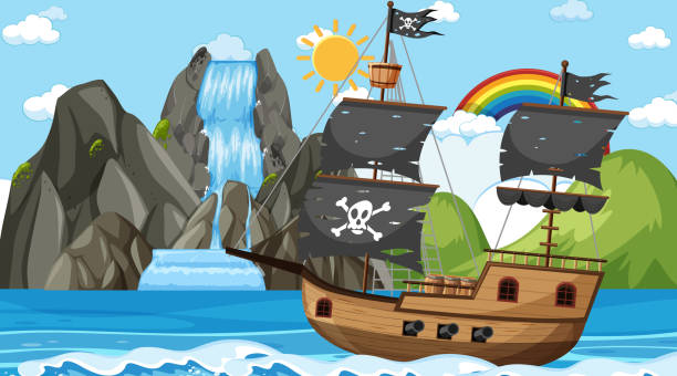 漫画風の昼間の海賊船の海シーン - barque点のイラスト素材／クリップアート素材／マンガ素材／アイコン素材