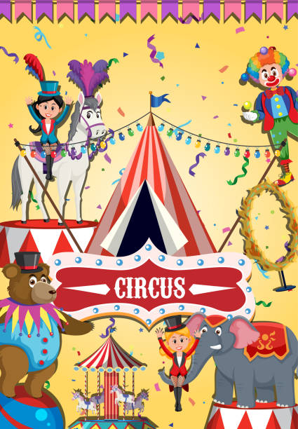 illustrazioni stock, clip art, cartoni animati e icone di tendenza di design dello stendardo del circo con prestazioni animali - curtain red color image clown