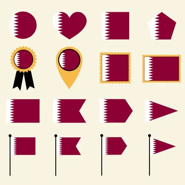 Vector illustration of Qatar flag icon set in 16 shape versions.