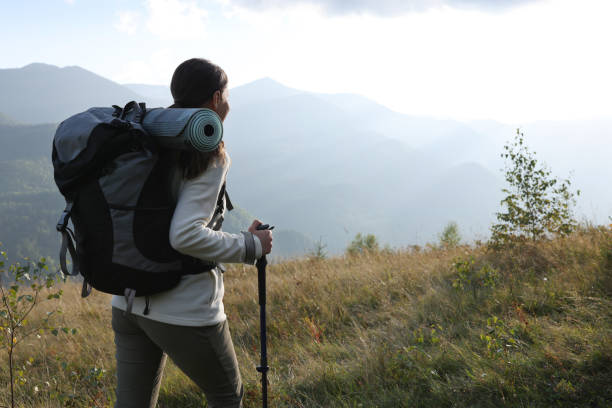 istock Tourist with backpack and trekking poles hiking through mountains, space for text 1400056925