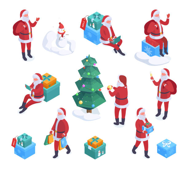 illustrations, cliparts, dessins animés et icônes de personnages du père noël, mascottes de noël préparant des coffrets cadeaux et décorant le sapin de noël. père noël noël célébration des fêtes 3d ensemble d’illustrations vectorielles. personnages de vacances de noël - pull cart