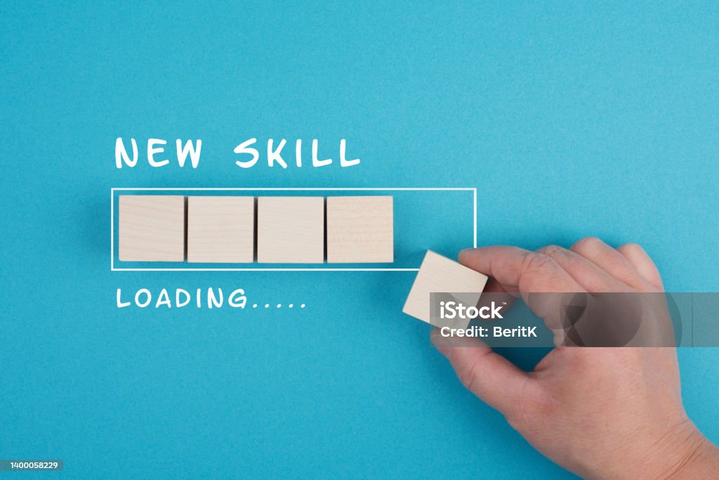 Progress bar with the words new skill loading, education concept, having a goal, online learning, knowledge is power strategy Skill Stock Photo
