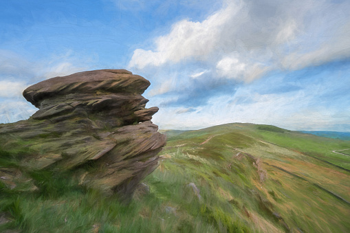 Digital rural landscape oil painting of The Roaches and Hen Cloud from Hanging Stone, Staffordshire in the Peak District National Park, UK.