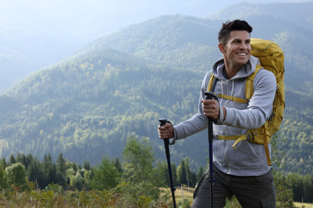 istock Tourist with backpack and trekking poles hiking through mountains, space for text 1400058412
