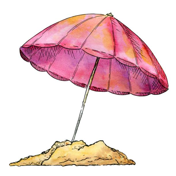 Pink large beach umbrella from the sun, watercolor illustration, sketch, design element Pink large beach umbrella from the sun, watercolor illustration, sketch isolated on a light background, design element pink beach umbrella stock illustrations
