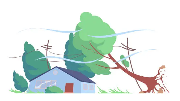 Vector illustration of Destroying strong winds tearing out the trees