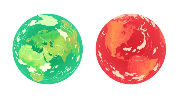 Vector illustration of Planet Earth is red and green. Ecology, warming, climate change.