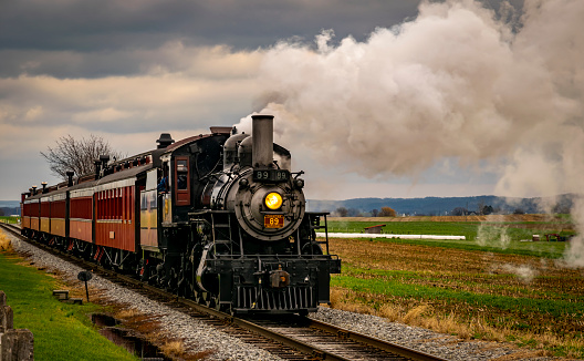 Aerial view of steam train passing Alpine meadow in Swiss Alps in summer