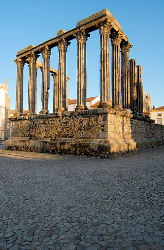 Evora, Portugal: ruins of the Roman Temple of Évora, erroneously known as the Temple of Diana, part of the historic center of the city, which has been classified as a World Heritage Site by UNESCO.' templo romano de Évora'