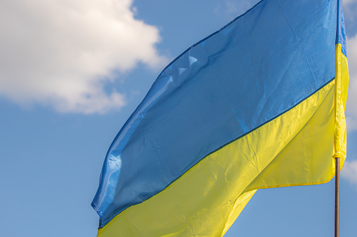 Ukrainian blue and yellow flag. Symbols of the state of Ukraine. European independent country. National colors. Liberation War of Ukraine. Brave nation.