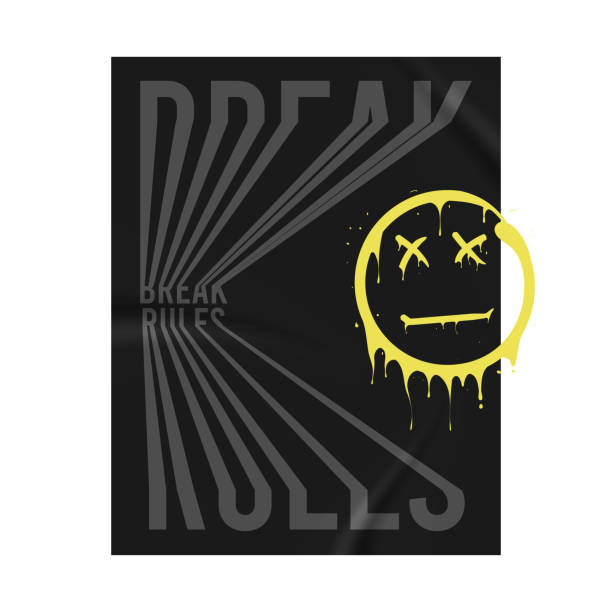 Break rules slogan for t-shirt design on crumpled sticker with emoji smile that melts and dripping. Tee shirt and apparel print with smile. Vector Break rules slogan for t-shirt design on crumpled sticker with emoji smile that melts and dripping. Tee shirt and apparel print with smile. Vector illustration. distorted face stock illustrations