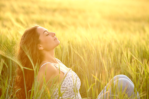 Profile of a woman resting in a field at sunset