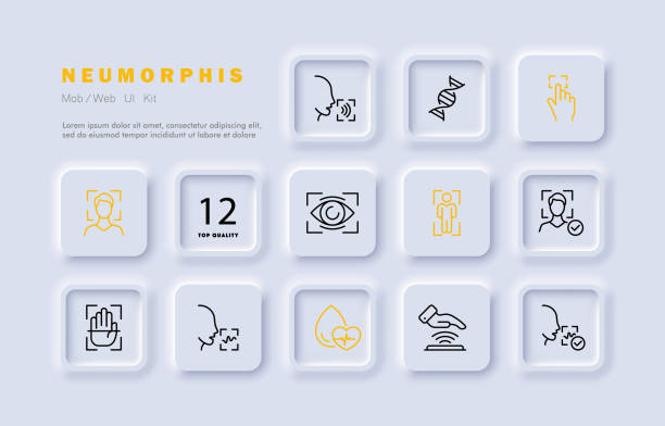 Identification set icon. DNA, rna, face recognition, two factor verification, fingerprint, biometrics, pulse, face ID. Authentication concept. Neomorphism style. Vector line icon for Business Identification set icon. DNA, rna, face recognition, two factor verification, fingerprint, biometrics, pulse, face ID. Authentication concept. Neomorphism style. Vector line icon for Business 3d barcode stock illustrations