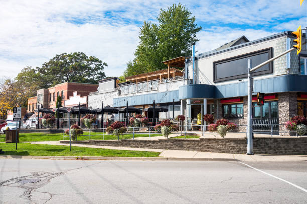 istock Restaurants and outdoor table in a downtown district 1400066437