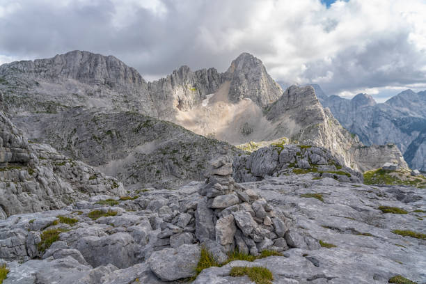 View on karst formation rocks, stack rock, called - Kriški podi  in Triglav national park, Julian Alps