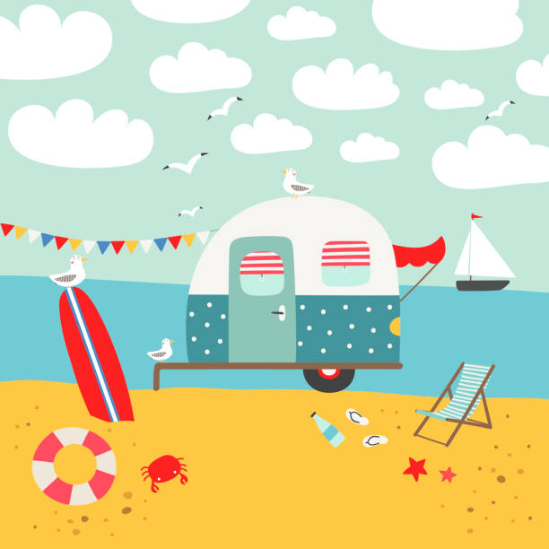 ilustrações de stock, clip art, desenhos animados e ícones de vector illustration with camper trailer and  surfboard on the beach. - sea water single object sailboat