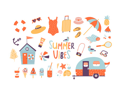 Set of beach summer elements swimsuit, sunglasses, umbrella, beach hut, camper trailer. Vector illustration. Summer design.