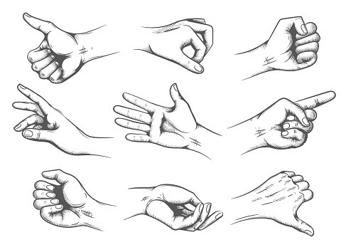 Sketching hand movements. Arms actions vintage vectors, movement sketchs, palms dynamics isolated retro illustration, manual demonstrations, engraving gesture motion signals