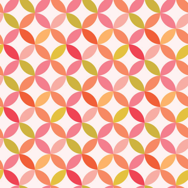 Mid century modern leaf circle seamless pattern in pink, red, coral and green. Mid century modern leaf circle seamless pattern in pink, red, coral and green. For home décor, textile and wallpaper illusion pattern circle image created 1960s stock illustrations