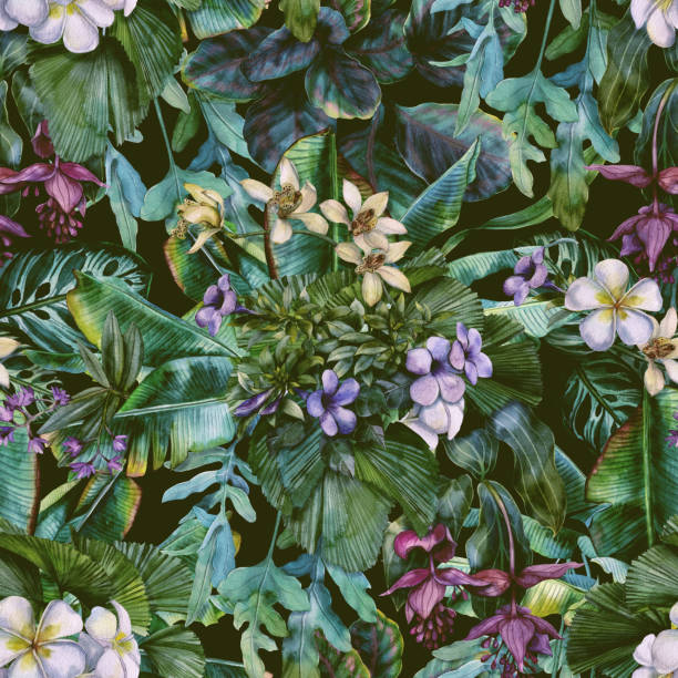 istock Tropical seamless pattern with exotic flowers. Floral background with leaves and flowers 1400067911