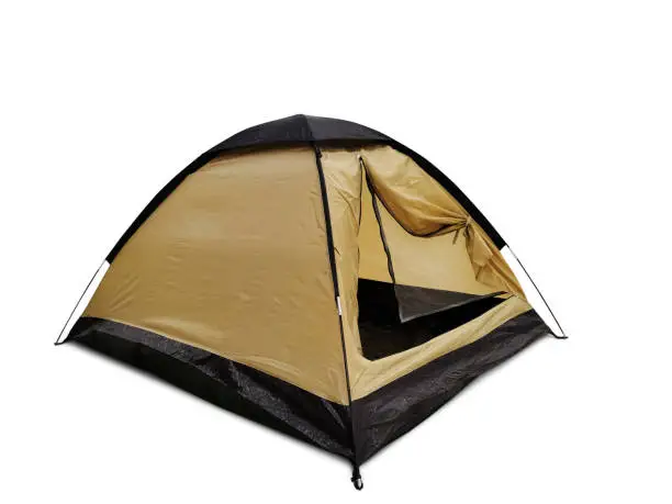 Isolated yellow-black travel tent on white backgrouynd