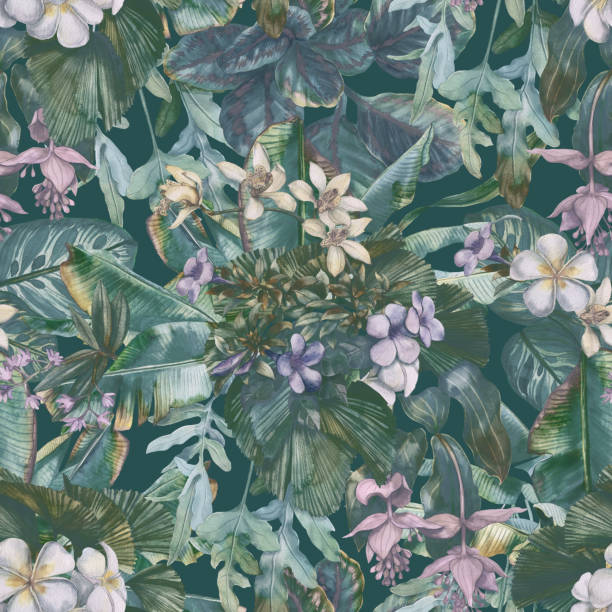 istock Tropical seamless pattern with exotic flowers. Floral background with leaves and flowers 1400068440