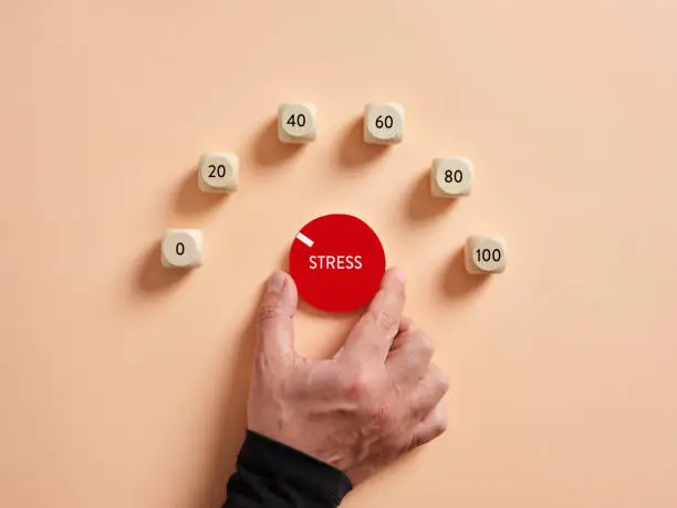 Photo of Hand turning stress level meter indicating low level of stress. Reducing or removing stress