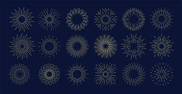 Vector illustration of Sunburst shapes. Line golden sun rays collection, abstract geometric logos. Vector set