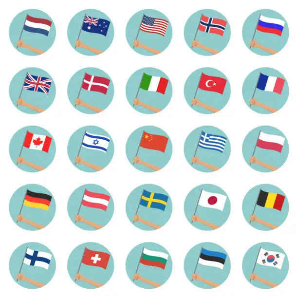Vector illustration of Flag circle icon set. Hand holding waving flag. National symbols of the world countries. Vector illustration.