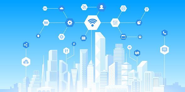 Smart city technology flat vector illustration. Internet of things, wireless internet network, connectivity concept. Urban cityscape, skyline and web icons. Futuristic infrastructure innovations