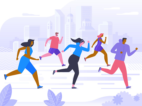 Marathon competition, outdoor workout or exercise, athletics. Men and women dressed in sportswear jogging or running through park. Healthy active lifestyle. Flat cartoon colorful vector illustration.