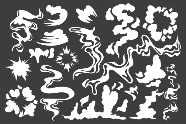 연기 효과. 만화 흰색 폭발 실루엣, 증기 흔적, 곱슬 안개와 poof 스프라이트. 벡터 격리 세트 - smoke trails stock illustrations