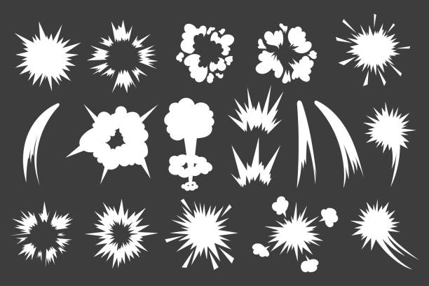 ilustrações, clipart, desenhos animados e ícones de efeito de impacto de desenho animado. explosão de ar branco e efeito cômico de onda sonora. conjunto isolado vetorial - impact exploding wave pattern shock