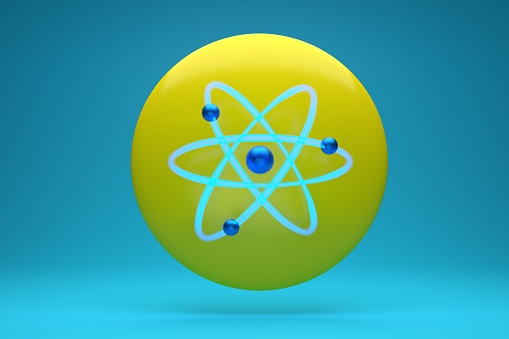 3d render of atom structure of nitrogen isolated over white background Protons are represented as red spheres, neutron as yellow spheres, electrons as blue spheres