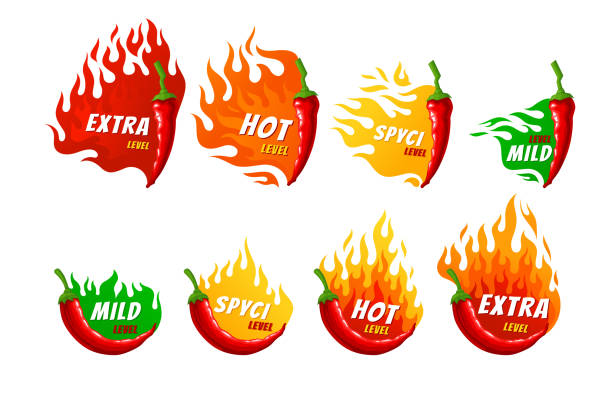 illustrazioni stock, clip art, cartoni animati e icone di tendenza di raccolta piccante livello di pepe con fuoco ardente adesivi vettoriale piatto condimenti speziati scala - chilli powder