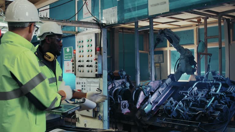 Group of technical engineer working in protection workwear controlling and directing the maintenance of a mechanical arm working On Industrial Robots In A Factory