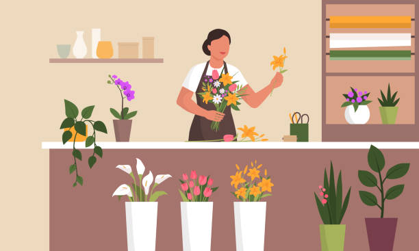 ilustraciones, imágenes clip art, dibujos animados e iconos de stock de mujer que trabaja en su tienda de flores - florist flower gardening store