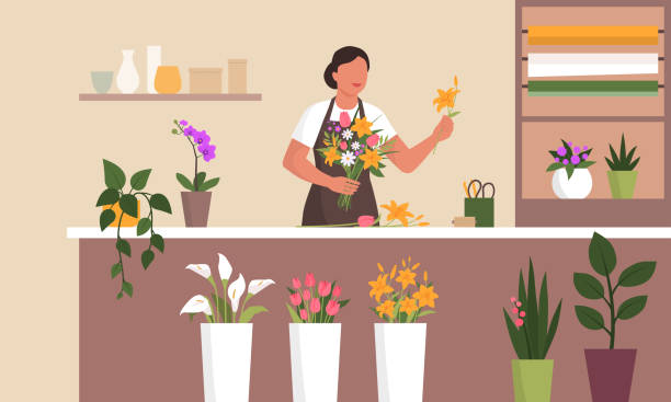 illustrazioni stock, clip art, cartoni animati e icone di tendenza di donna che lavora nel suo negozio di fiori - florist flower gardening store