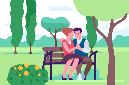 Couple in love. Man and woman sitting on bench in park. Outdoor romantic pastime. Young pair walking on nature. Happy embracing persons. Flat people characters meeting. Summer leisure. Vector concept