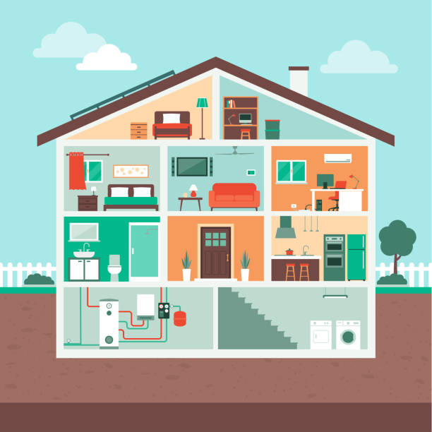 stockillustraties, clipart, cartoons en iconen met contemporary house section with rooms - binnenopname