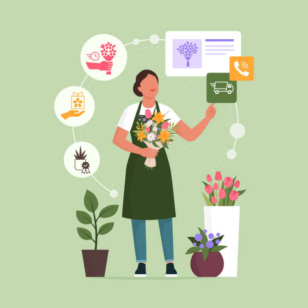 illustrazioni stock, clip art, cartoni animati e icone di tendenza di fiorista professionista che prende ordini online - florist flower gardening store